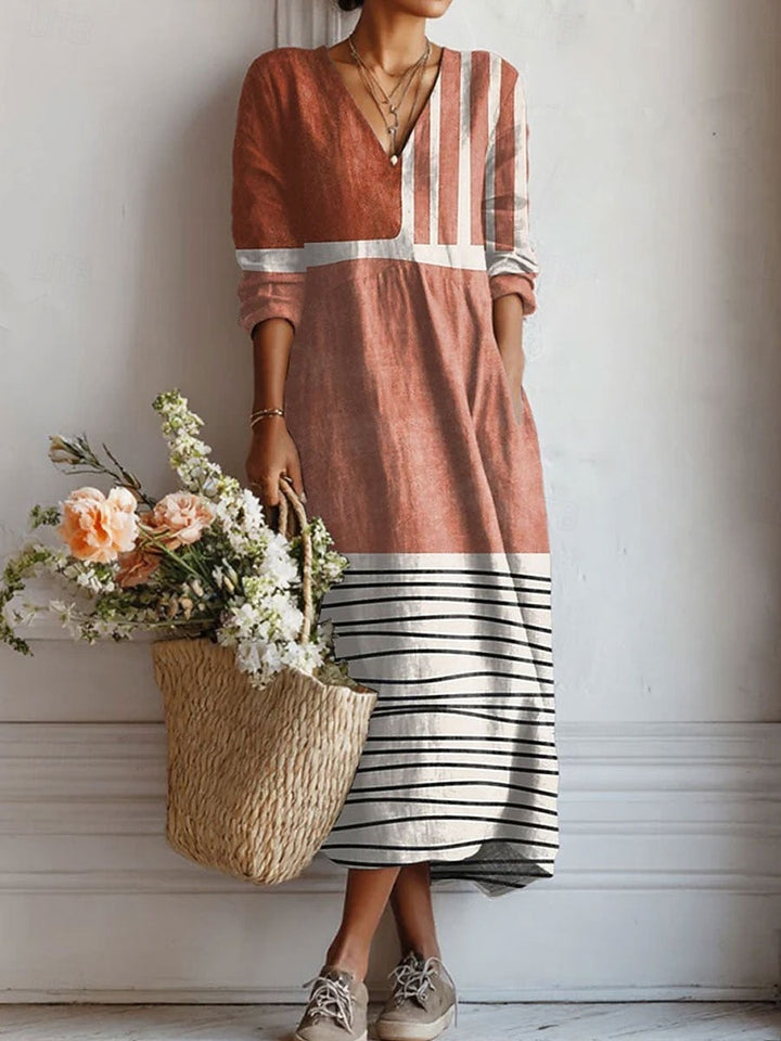 Frances | Women's Floral Linen Dress Midi V Neck