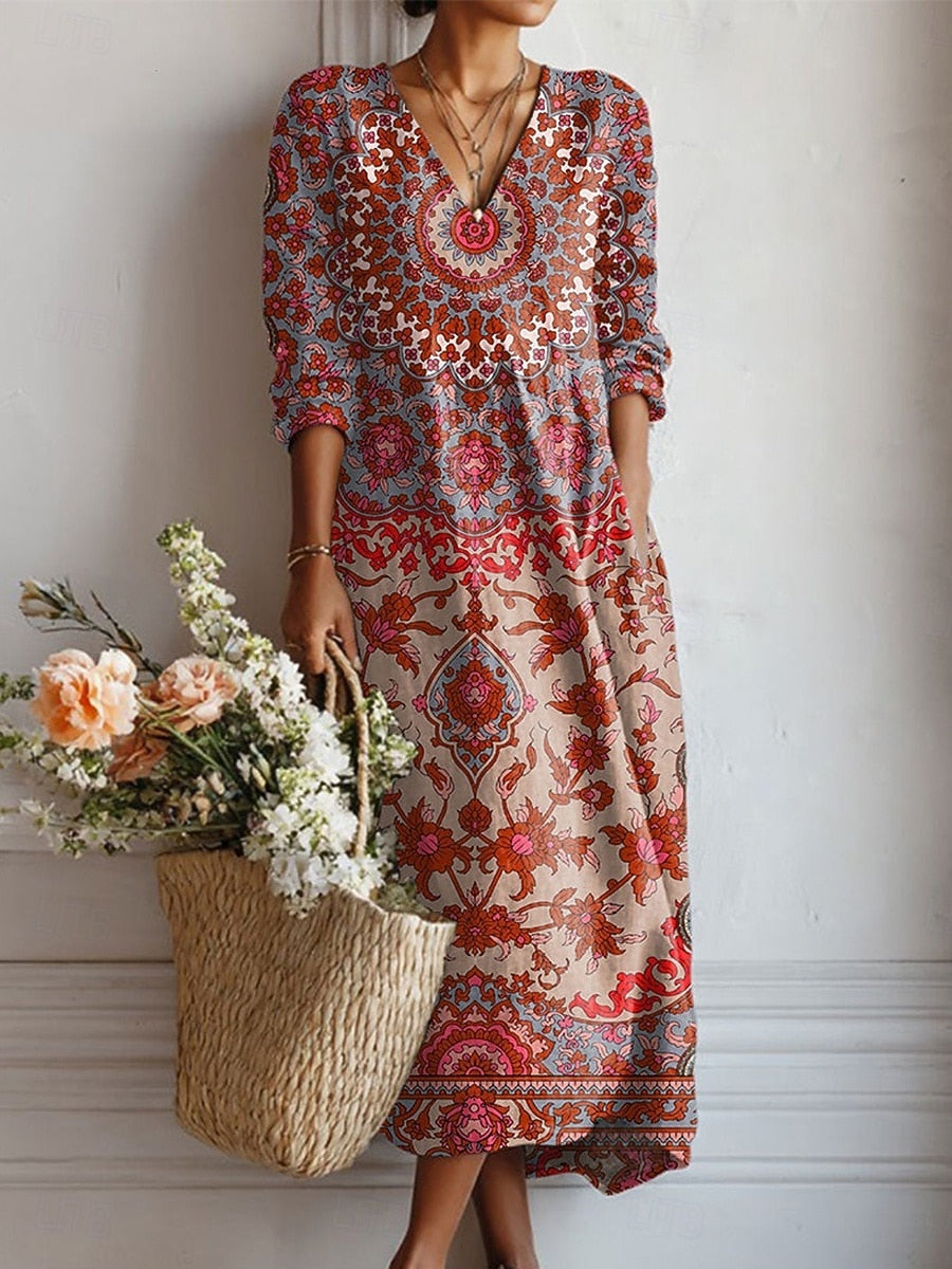 Frances | Women's Floral Linen Dress Midi V Neck
