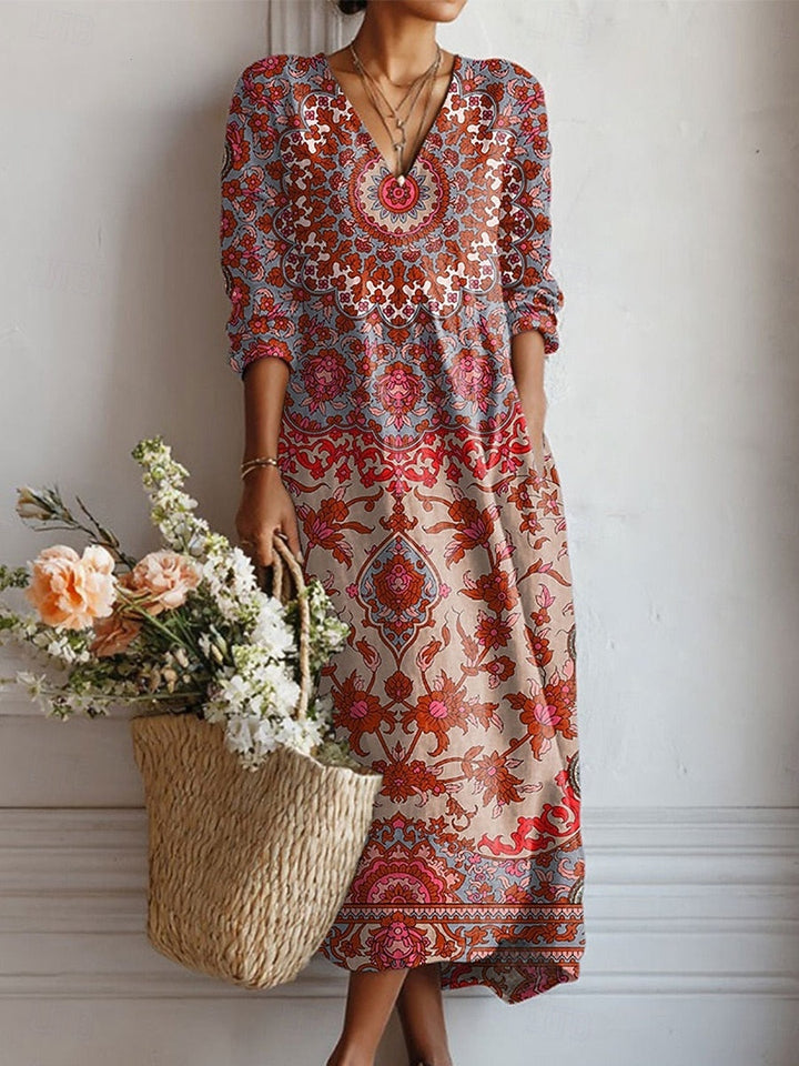 Frances | Women's Floral Linen Dress Midi V Neck