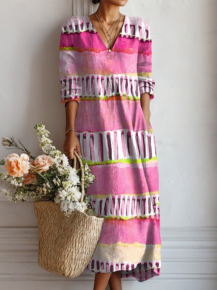 Frances | Women's Floral Linen Dress Midi V Neck