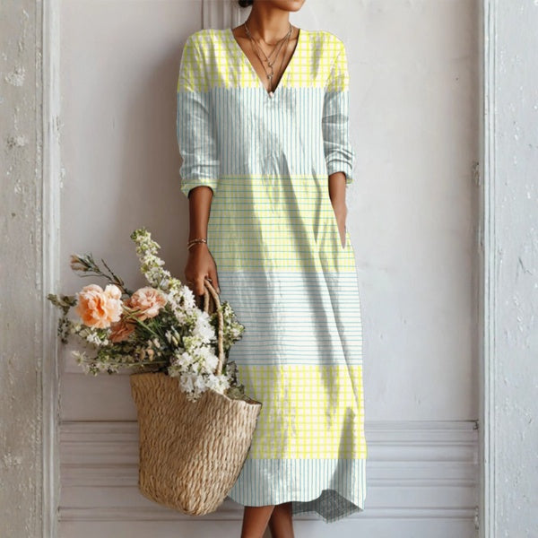Frances | Women's Floral Linen Dress Midi V Neck