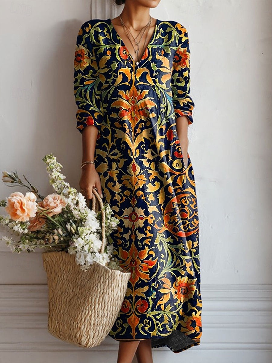 Frances | Women's Floral Linen Dress Midi V Neck