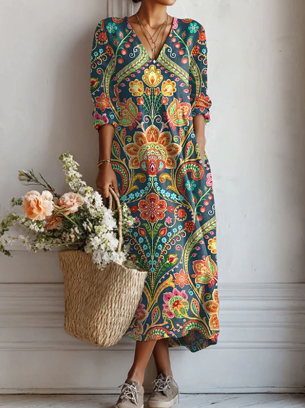 Frances | Women's Floral Linen Dress Midi V Neck