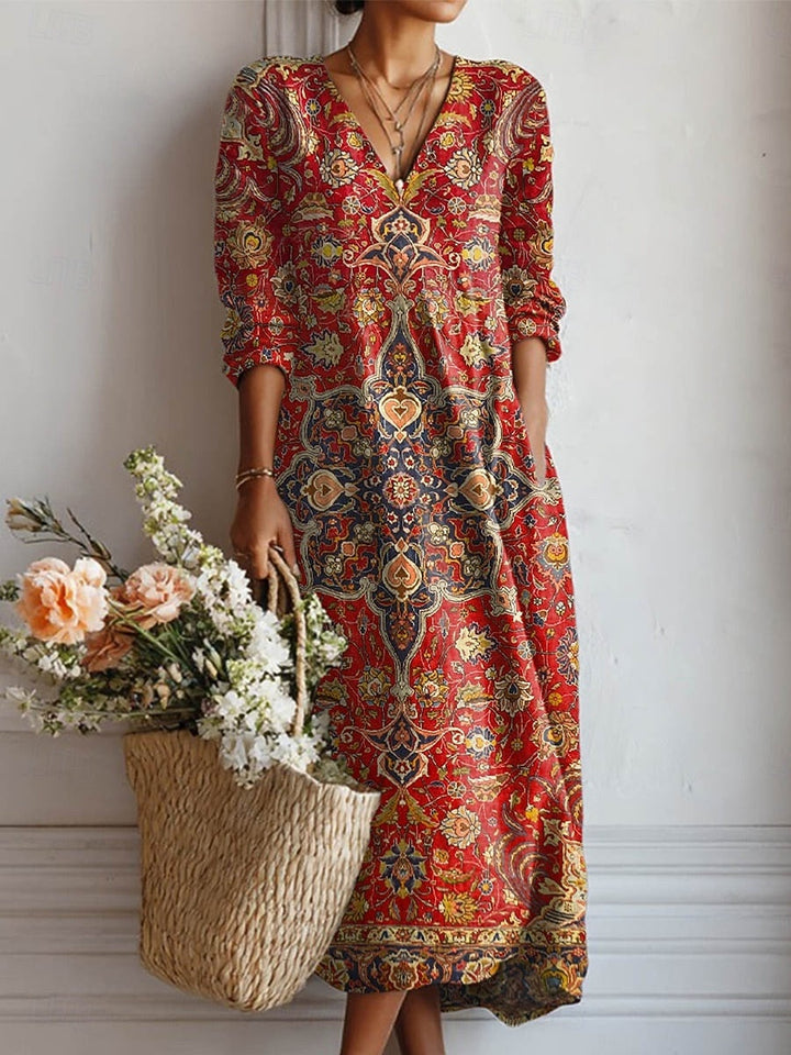 Frances | Women's Floral Linen Dress Midi V Neck