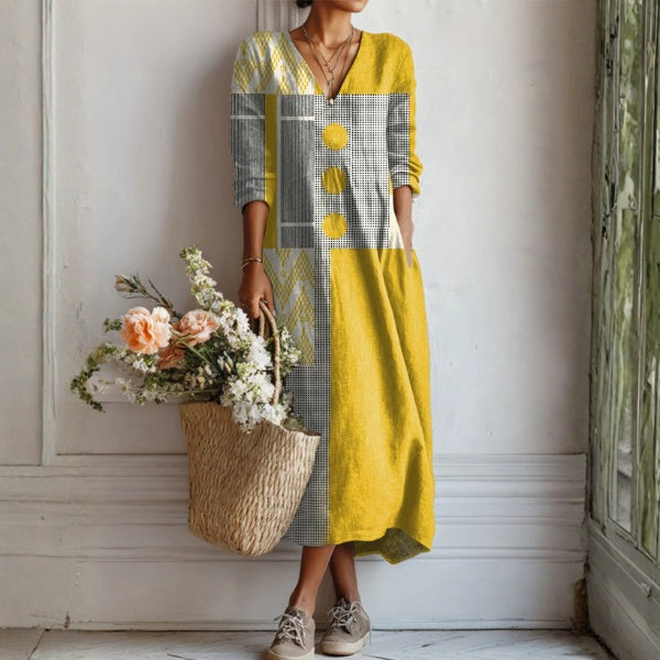 Frances | Women's Floral Linen Dress Midi V Neck