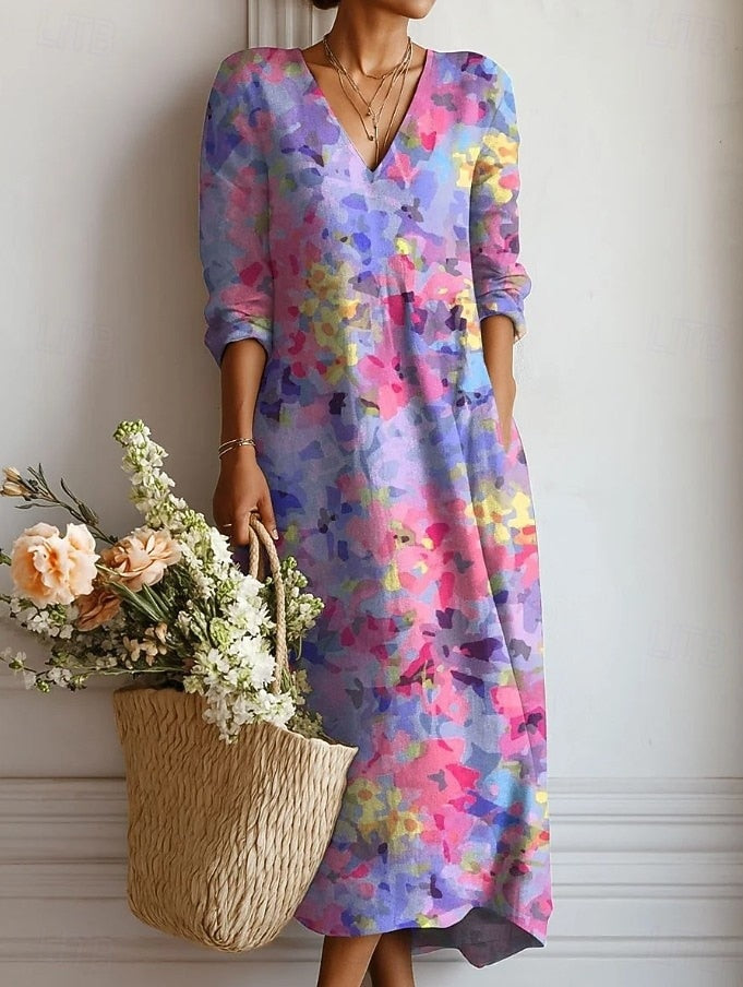 Frances | Women's Floral Linen Dress Midi V Neck