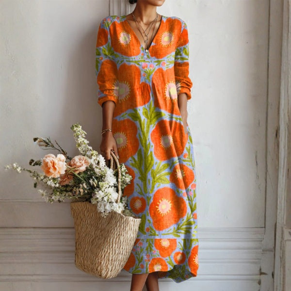 Frances | Women's Floral Linen Dress Midi V Neck