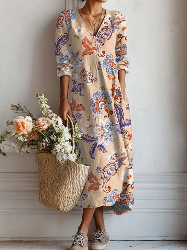 Frances | Women's Floral Linen Dress Midi V Neck