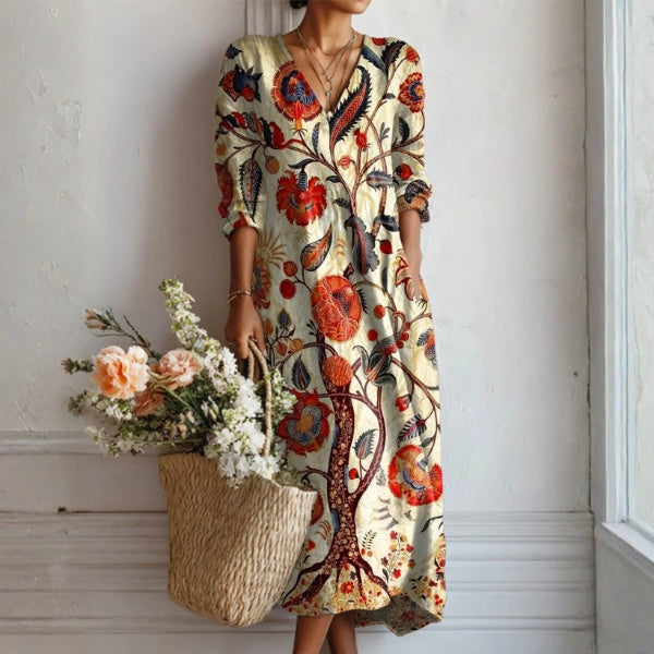 Frances | Women's Floral Linen Dress Midi V Neck
