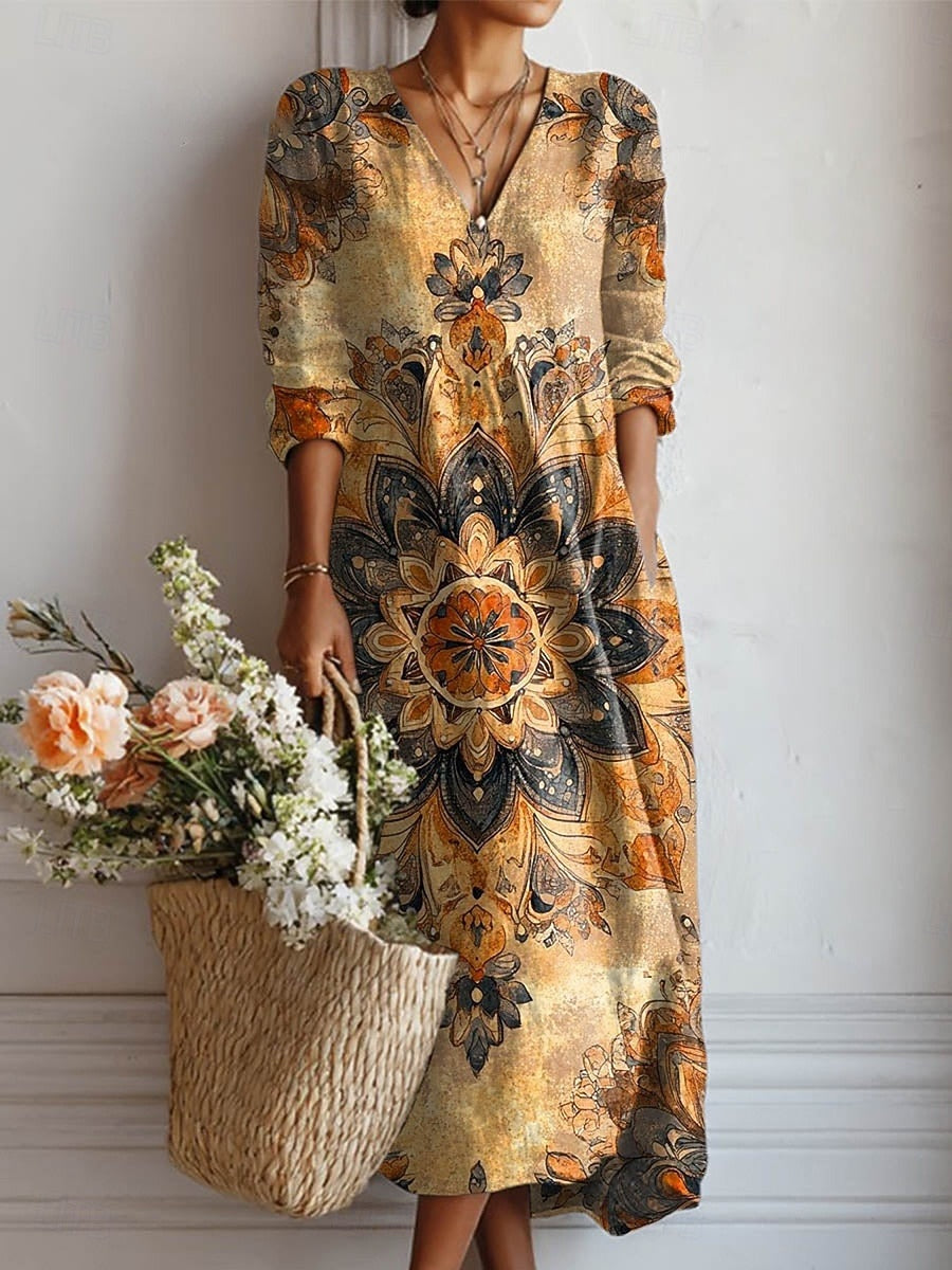 Frances | Women's Floral Linen Dress Midi V Neck