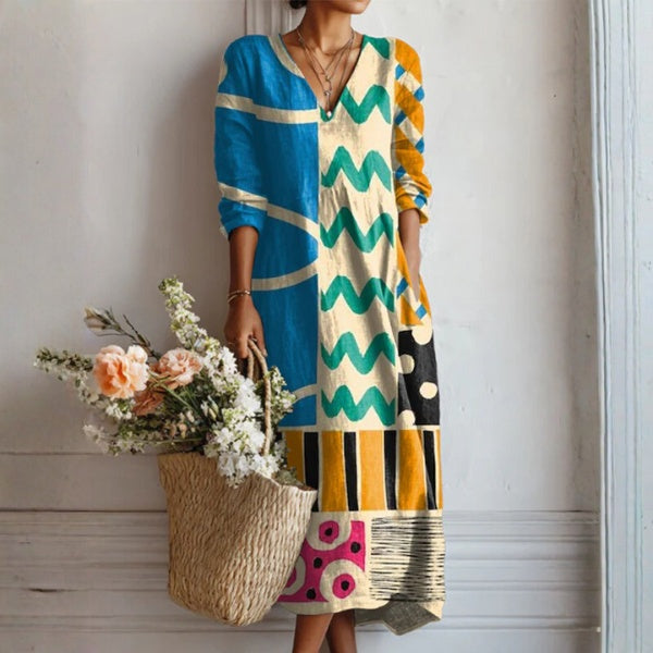 Frances | Women's Floral Linen Dress Midi V Neck