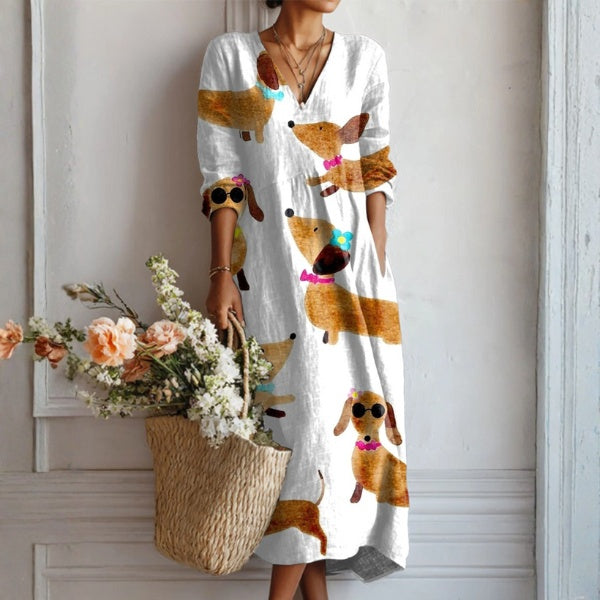 Frances | Women's Floral Linen Dress Midi V Neck
