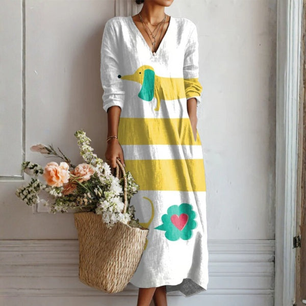 Frances | Women's Floral Linen Dress Midi V Neck