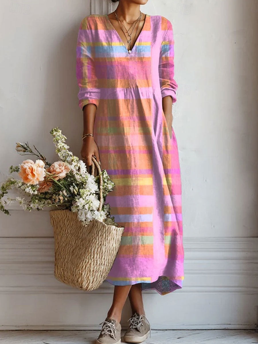 Frances | Women's Floral Linen Dress Midi V Neck