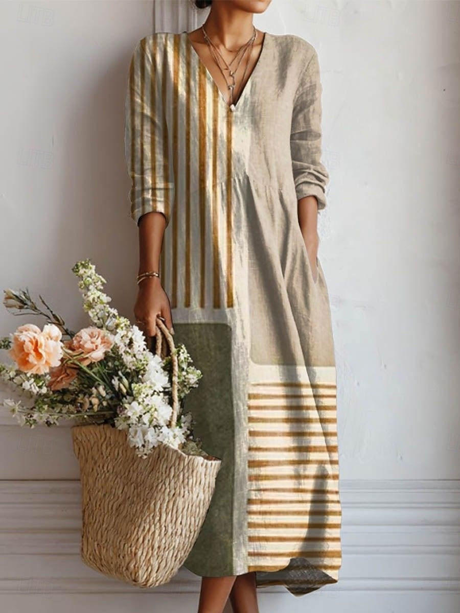 Frances | Women's Floral Linen Dress Midi V Neck