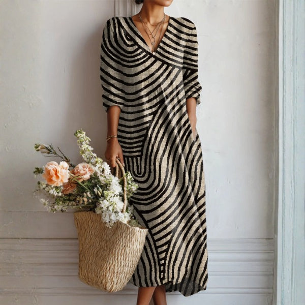Frances | Women's Floral Linen Dress Midi V Neck