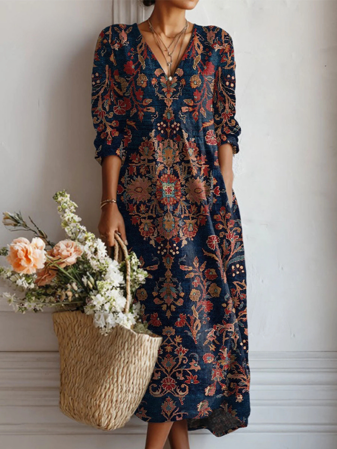 Frances | Women's Floral Linen Dress Midi V Neck