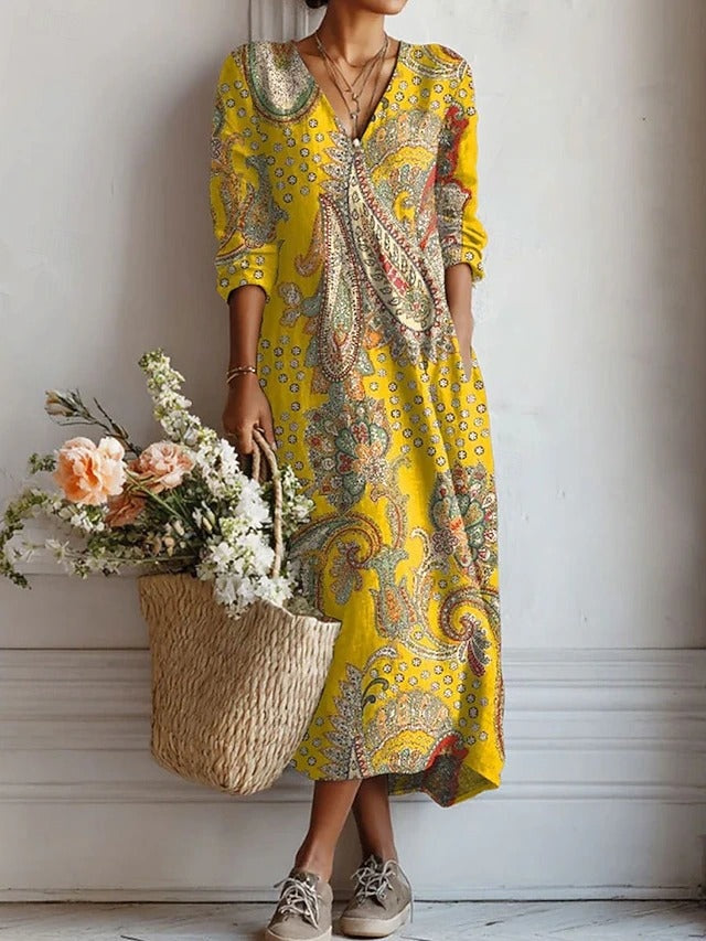 Frances | Women's Floral Linen Dress Midi V Neck