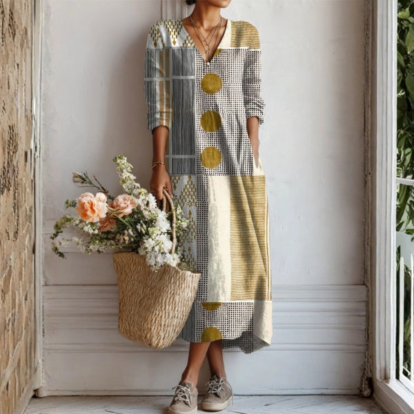 Frances | Women's Floral Linen Dress Midi V Neck
