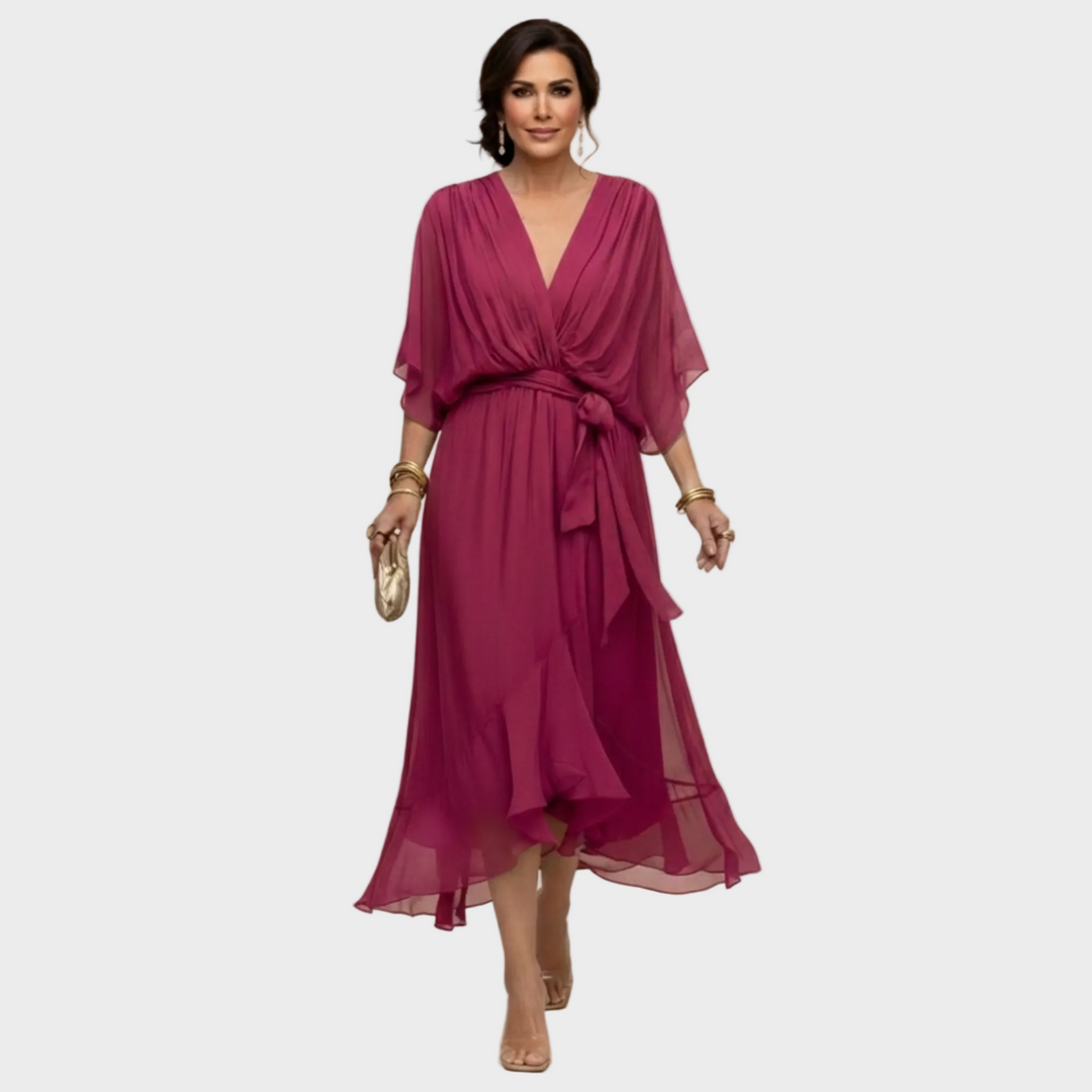Freya | Women's Chiffon Midi Dress Wrap V-Neck Cocktail