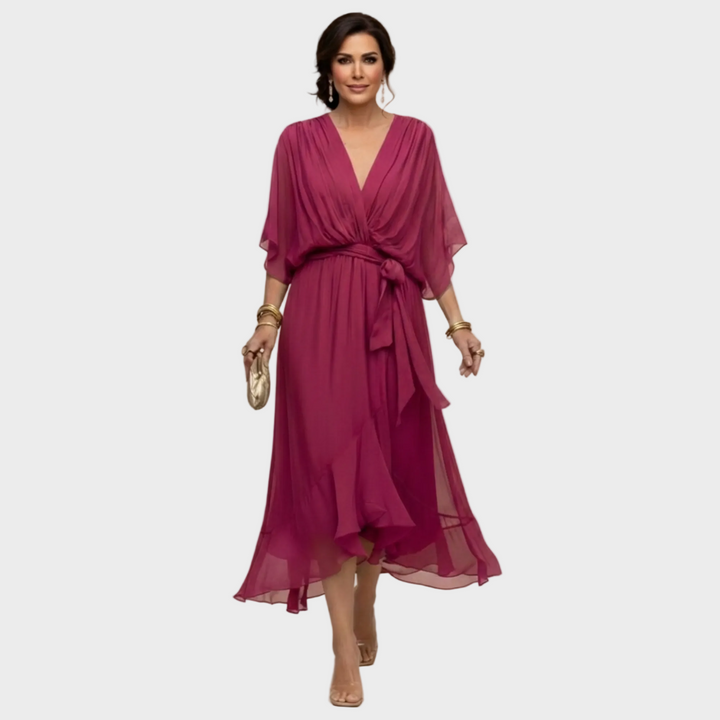 Freya | Women's Chiffon Midi Dress Wrap V-Neck Cocktail
