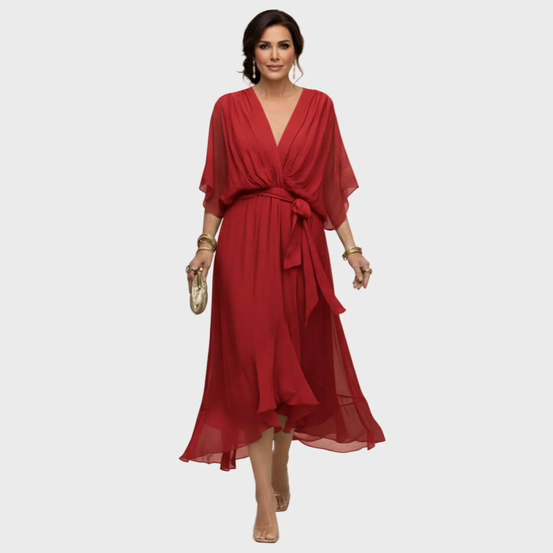 Freya | Women's Chiffon Midi Dress Wrap V-Neck Cocktail