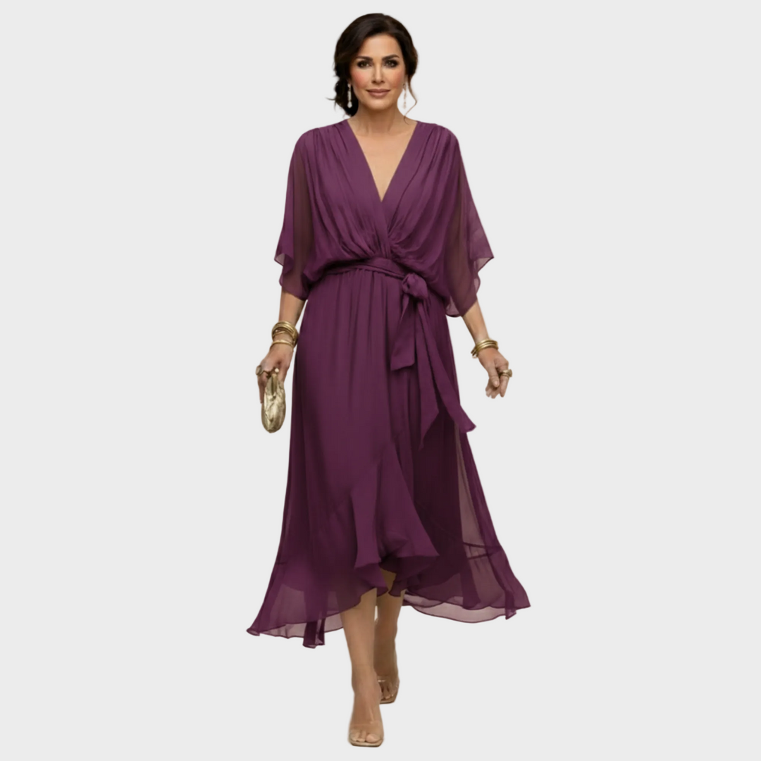 Freya | Women's Chiffon Midi Dress Wrap V-Neck Cocktail