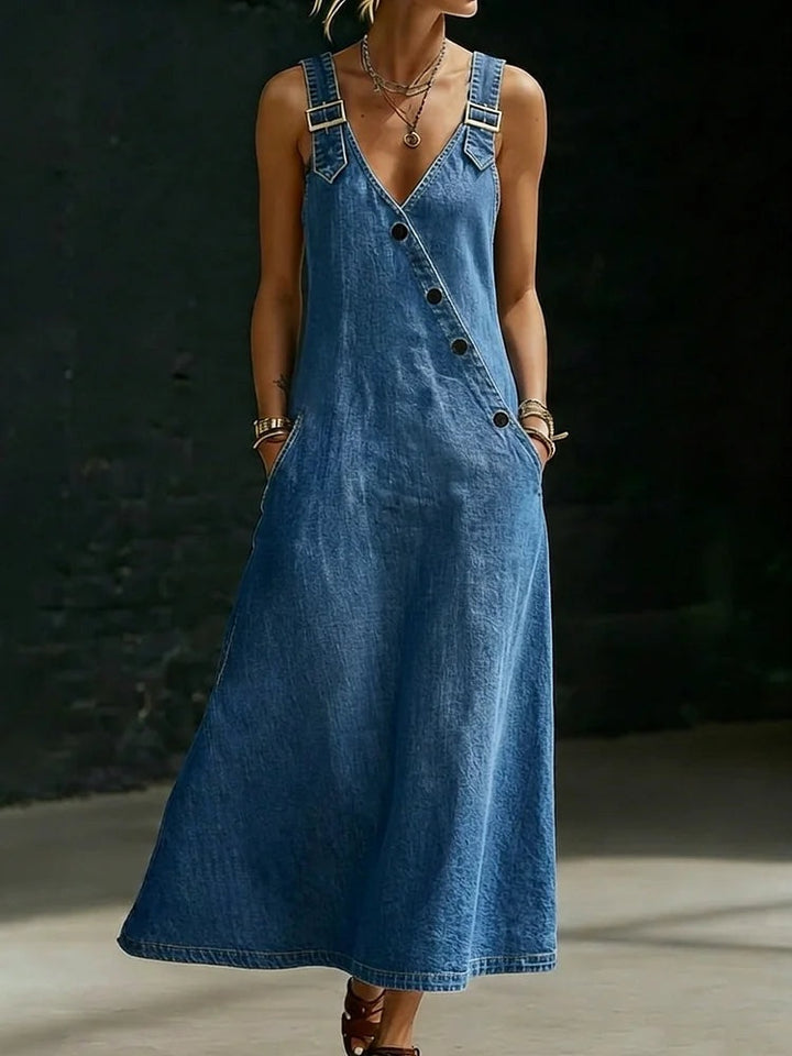 Gemma | Women's Denim Maxi Dress with Buckle Straps