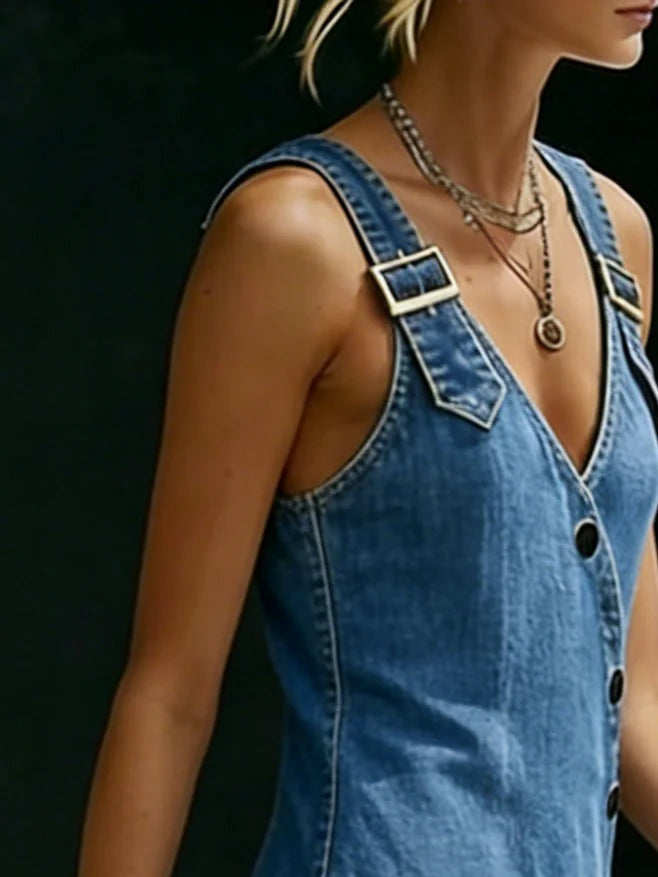 Gemma | Women's Denim Maxi Dress with Buckle Straps