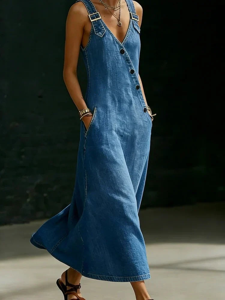 Gemma | Women's Denim Maxi Dress with Buckle Straps