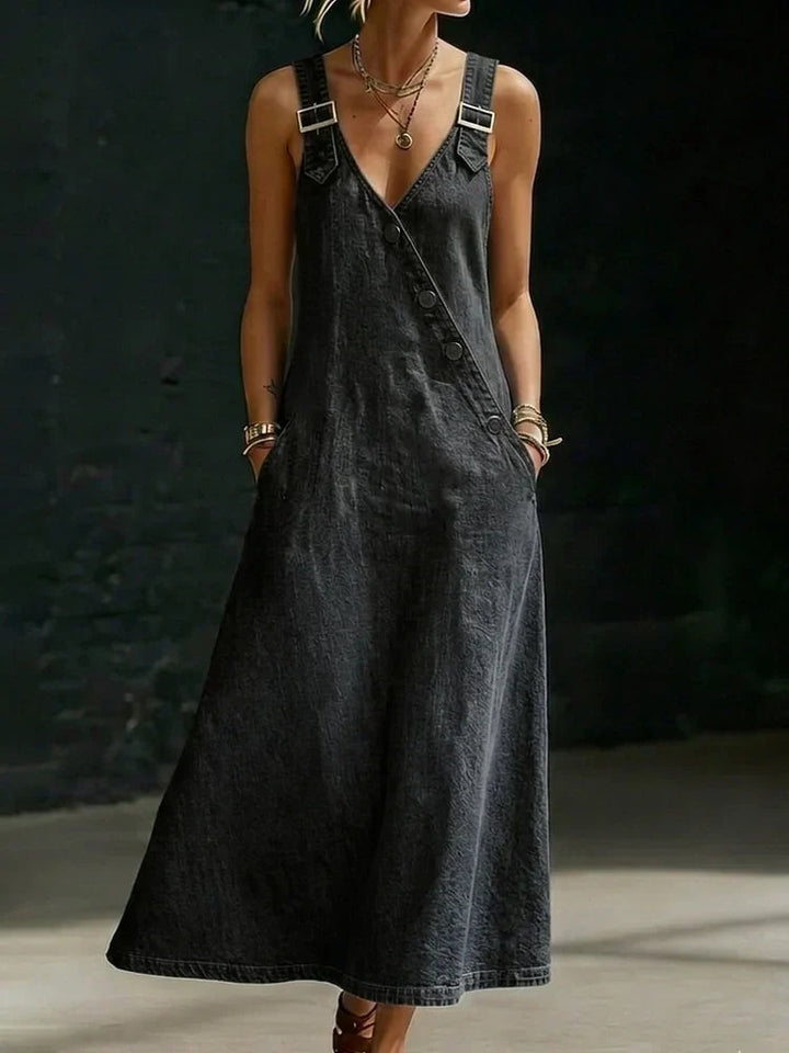 Gemma | Women's Denim Maxi Dress with Buckle Straps