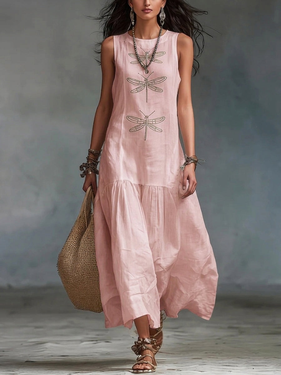 Gemma | Women's Linen Maxi Dress Sleeveless with Dragonfly Embroidery