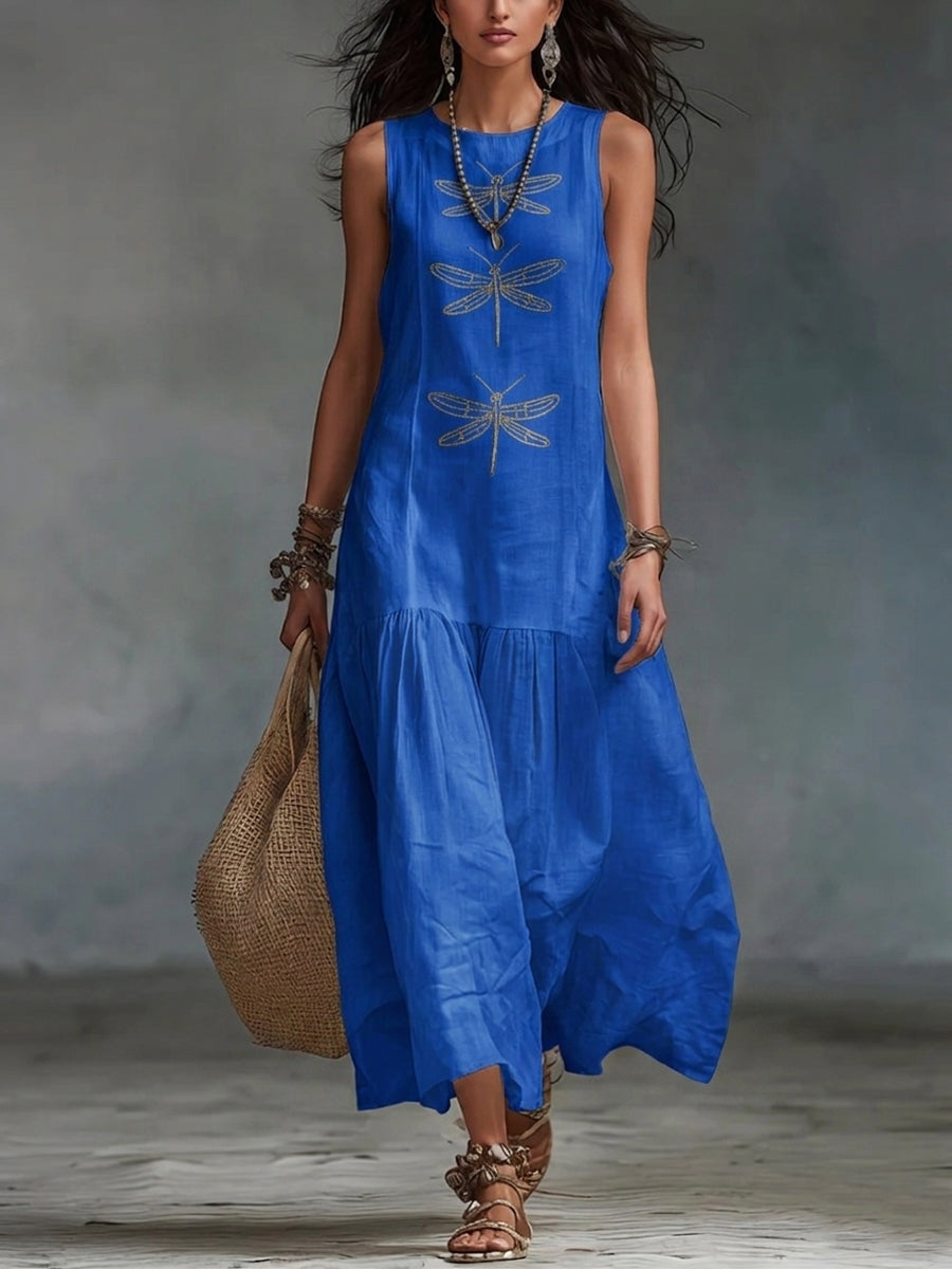 Gemma | Women's Linen Maxi Dress Sleeveless with Dragonfly Embroidery
