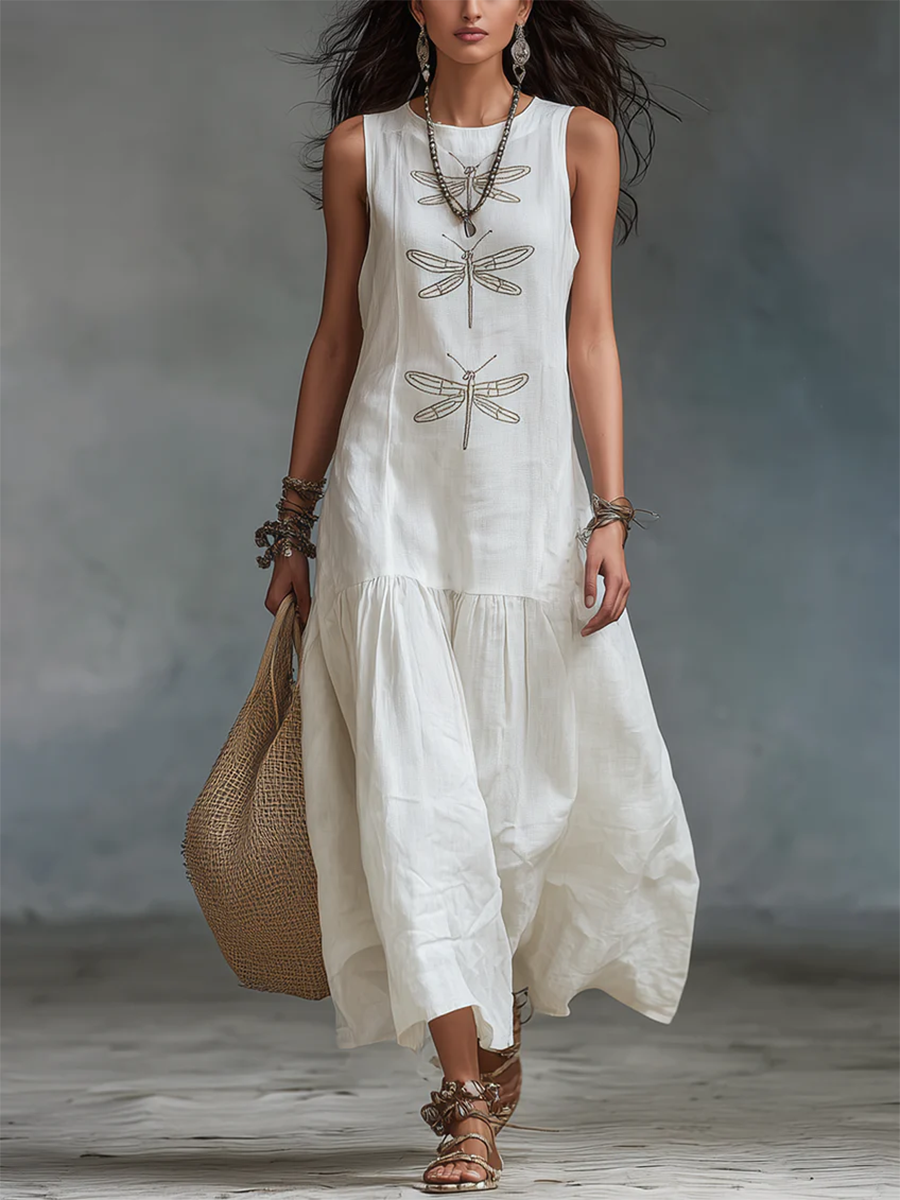 Gemma | Women's Linen Maxi Dress Sleeveless with Dragonfly Embroidery