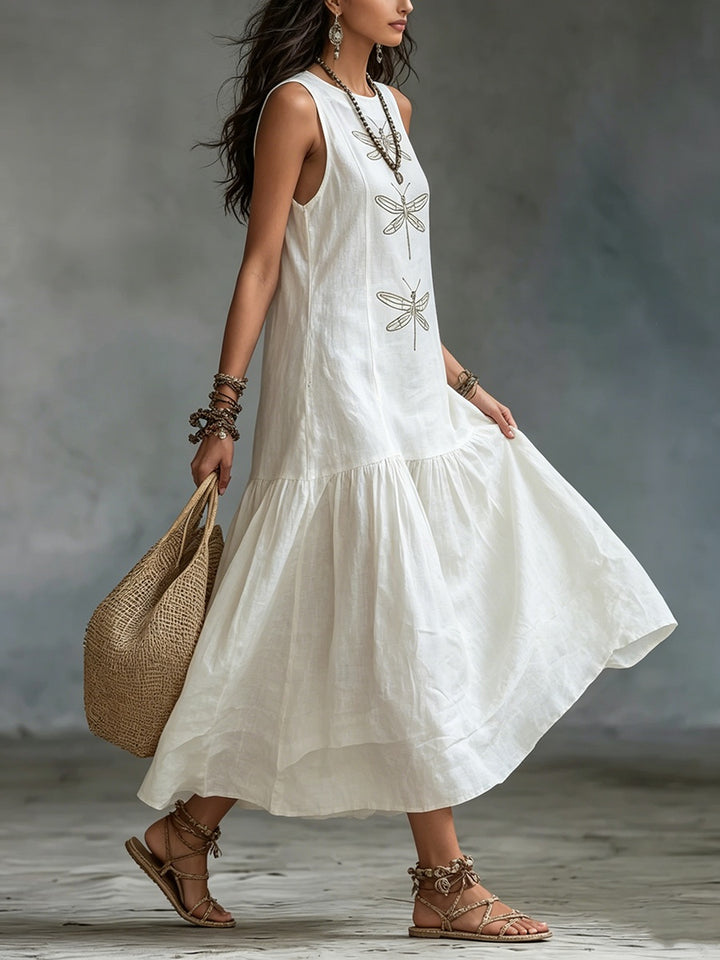 Gemma | Women's Linen Maxi Dress Sleeveless with Dragonfly Embroidery