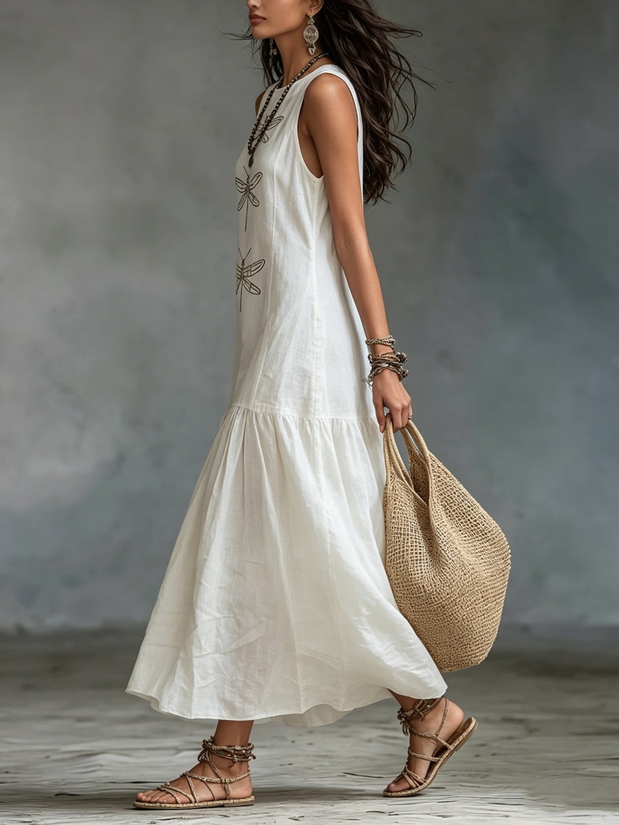 Gemma | Women's Linen Maxi Dress Sleeveless with Dragonfly Embroidery