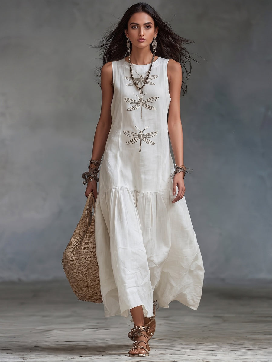 Gemma | Women's Linen Maxi Dress Sleeveless with Dragonfly Embroidery