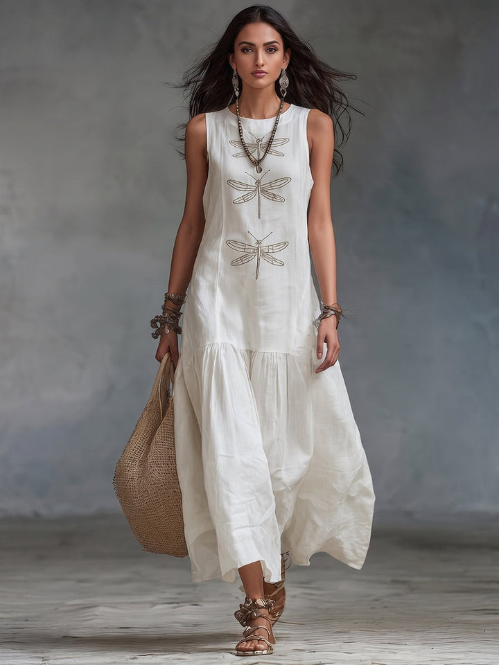 Gemma | Women's Linen Maxi Dress Sleeveless with Dragonfly Embroidery