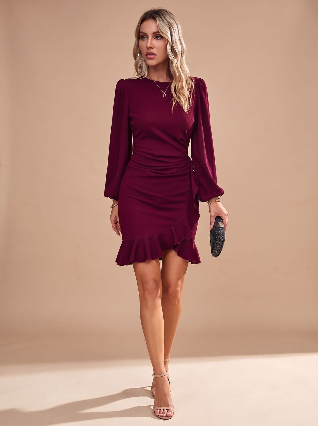 Grace | Women's Cocktail Party Dress Long Sleeve Mini with Ruffle Hem
