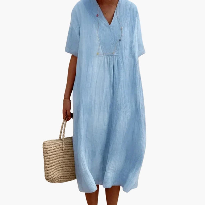 Grace | Women's Linen Dress Midi Relaxed V-Neck Short Sleeve