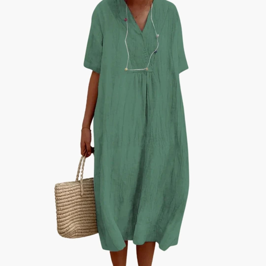 Grace | Women's Linen Dress Midi Relaxed V-Neck Short Sleeve
