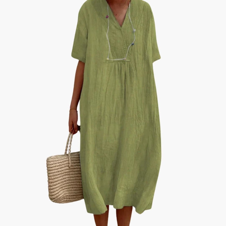 Grace | Women's Linen Dress Midi Relaxed V-Neck Short Sleeve