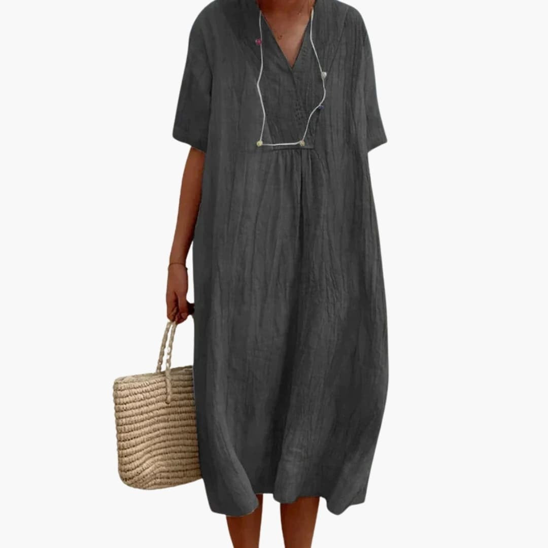 Grace | Women's Linen Dress Midi Relaxed V-Neck Short Sleeve