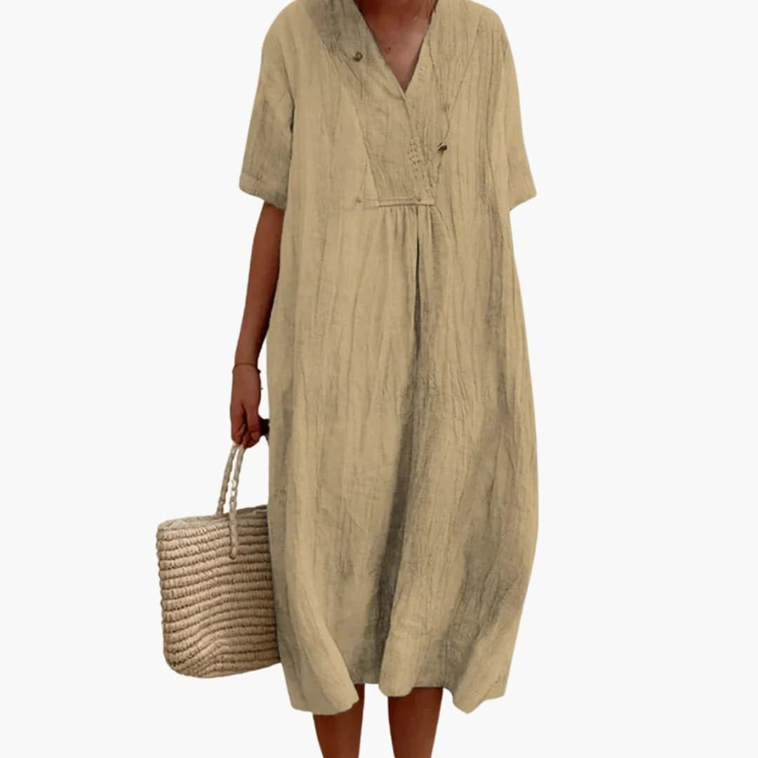 Grace | Women's Linen Dress Midi Relaxed V-Neck Short Sleeve