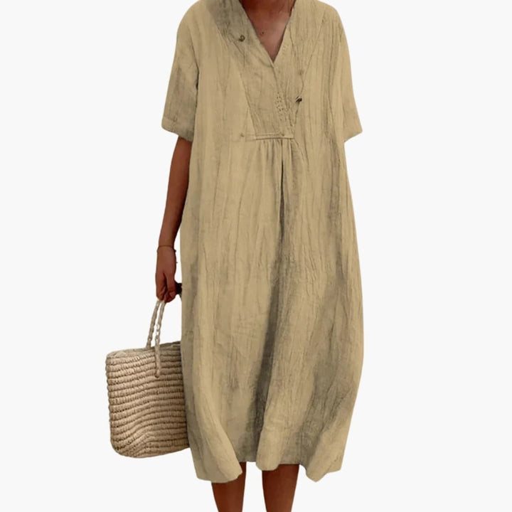 Grace | Women's Linen Dress Midi Relaxed V-Neck Short Sleeve