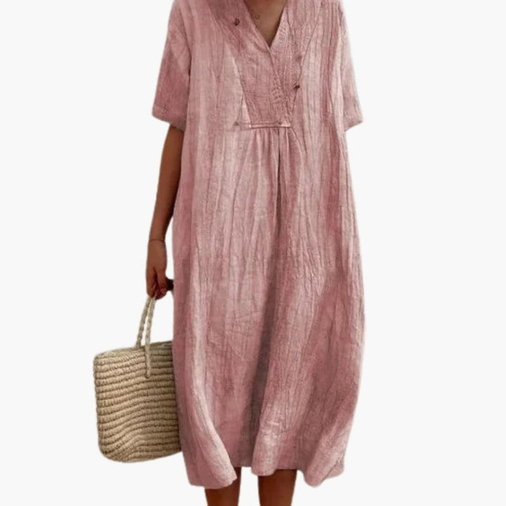 Grace | Women's Linen Dress Midi Relaxed V-Neck Short Sleeve