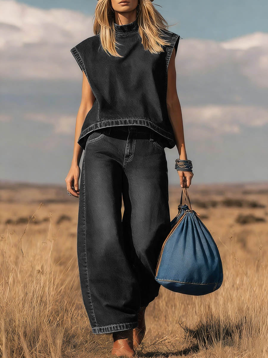 Harper | Women's Denim Co Ord Set High Neck Top and Wide Leg Pants