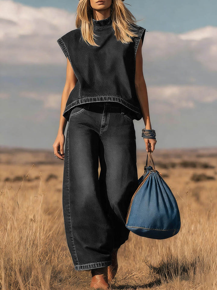 Harper | Women's Denim Co Ord Set High Neck Top and Wide Leg Pants