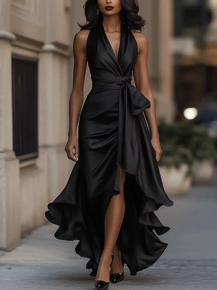 Hazel | Women's Satin Halter Cocktail Dress High-Low Hem