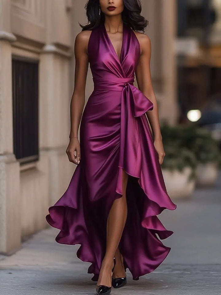 Hazel | Women's Satin Halter Cocktail Dress High-Low Hem